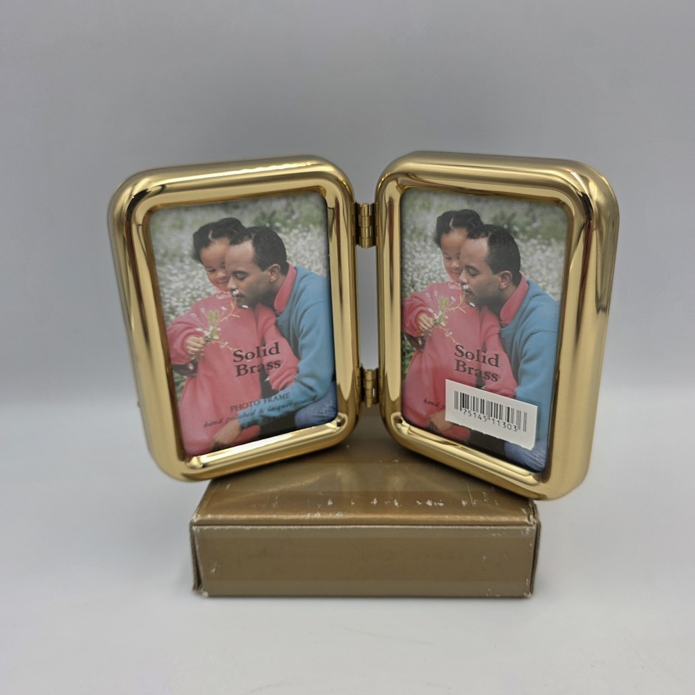 Vtg Solid Brass Double Photo Folding Hinged Picture Frame 3.75" x 5.50" Polished